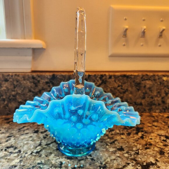 Vintage Fenton Blue Opalescent Hobnail Basket - Picture 8 of 11
